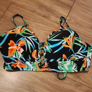 Time and Tru Black Tropical Floral Bikini Top - Orange, Green, Blue
